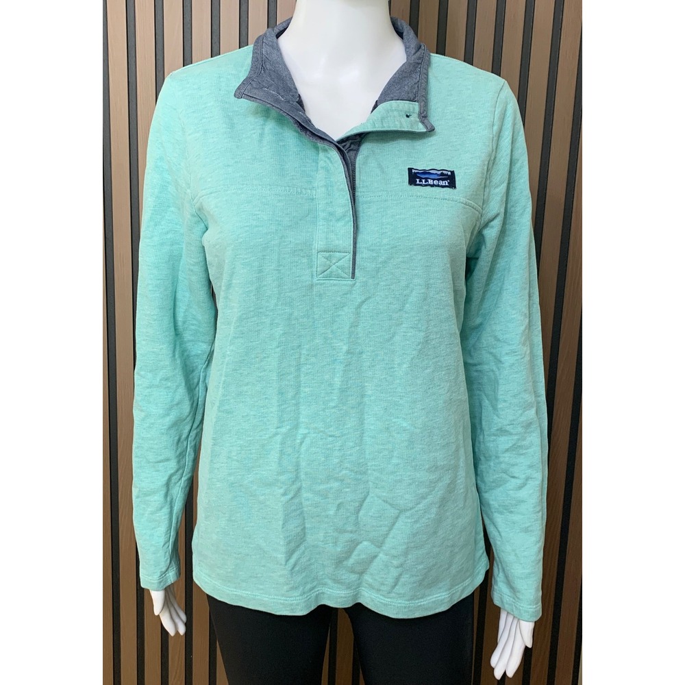 LL Bean Women's S Mint Green Heathered Cotton Pullover Mock Neck Button Top